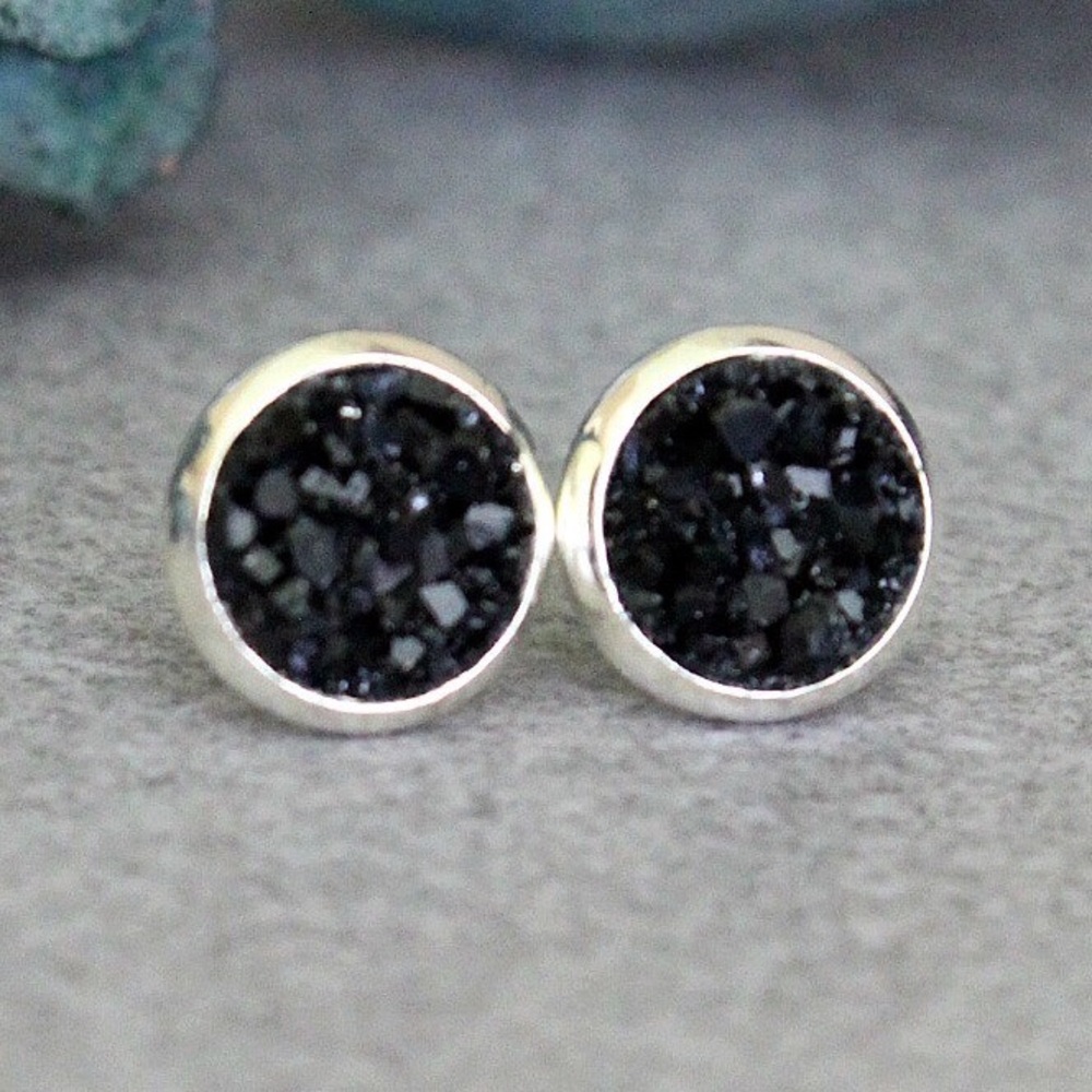 Black Druzy Earrings, Black Stud Earrings